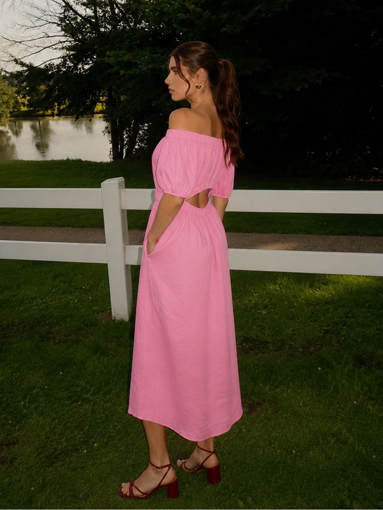 Ever New Dresses & Skirts - Ever New Milan 100% Linen Bright Pink Bardot Midi Dress | Off-Shoulder Open Back